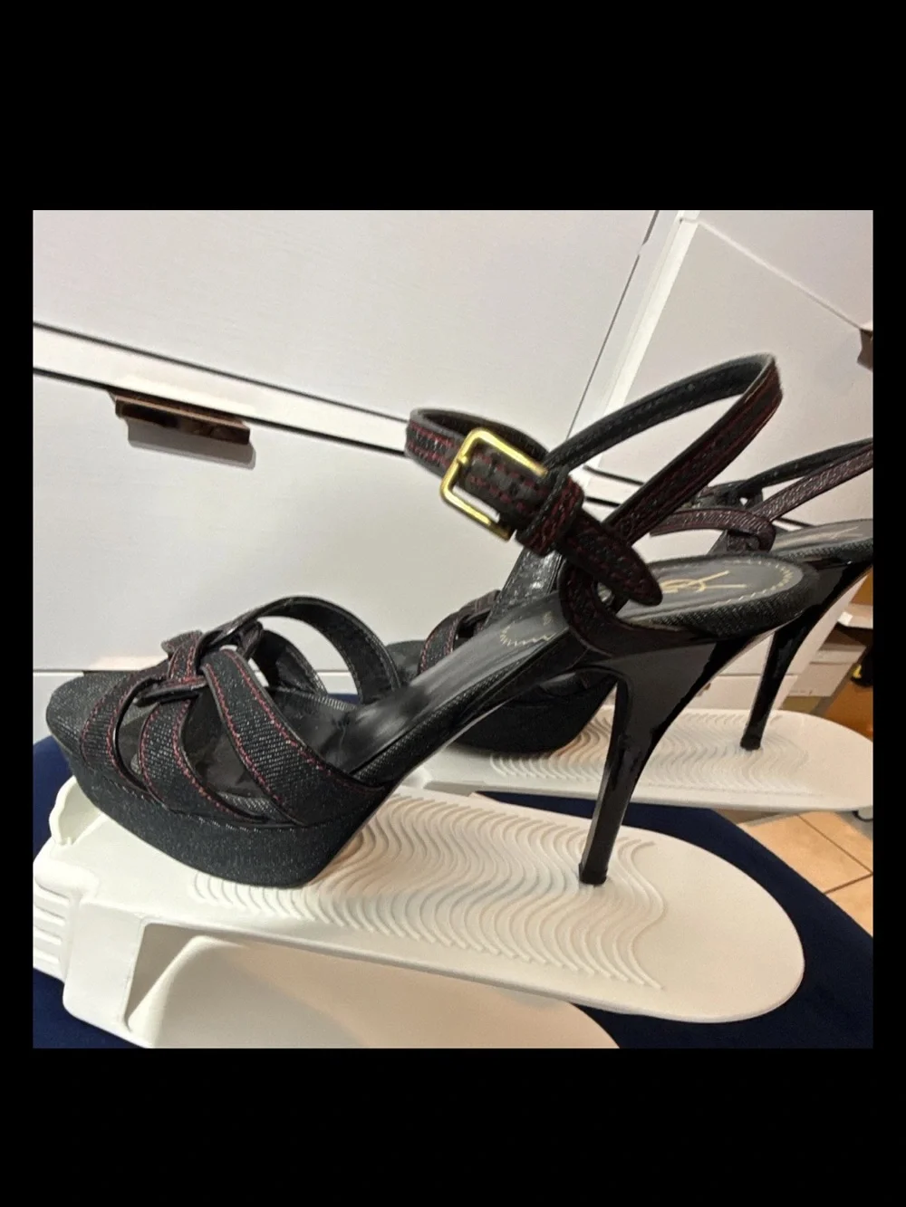 Saint Laurent Tribute Black Denim Ankle-Strap Platform Sandals